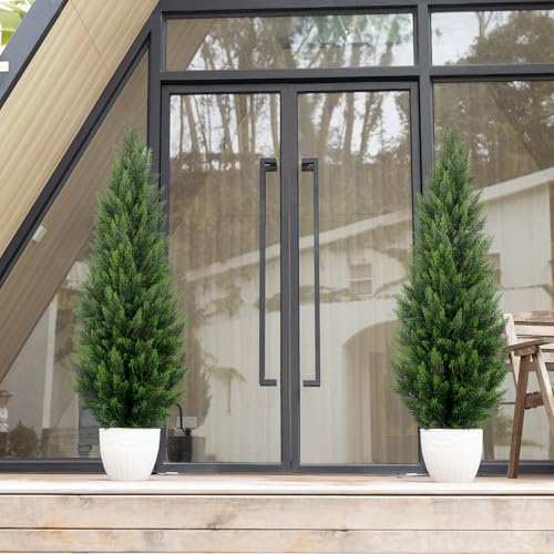 Vitalismo Artificial Topiary Cedar Trees 5FT Tall 2 Set, Outdoor Indoor Faux Pine Shrubs Plants, Realistic Fake Plants Front Porch Decor, Artificial Bushes Cypress for Home Front Door Offices - color: Cedar, size: 5ft