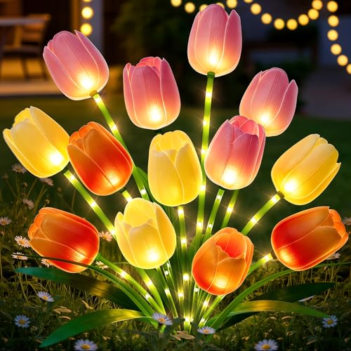 Solar Tulip Lights Outdoor: 3-Pack Solar Flower Garden Lights with Bendable Stems - IP65 Waterproof 800mAh for 12H Lighting - Auto On/Off Garden Decor - Gifts for Mom - Orange Pink Yellow - color: Orange+Pink+Yellow