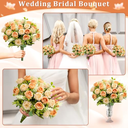 TURNMEON 40 Heads Fake Roses Artificial Flowers for Outdoors Summer Decor, 4 Bouquets UV Resistant Fake Cemetery Flower Bouquet Faux Silk Roses for Wedding Birthday Home Cemetery Decor(Champagne) - color: Champagne