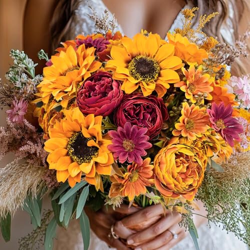 3Pcs Artificial Fall Flowers Faux Mums Sunflower Burgundy Fake Peony Silk Rose Hydrangea Flower for DIY Wedding Bridal Bouquet,Thanksgiving Party Table Centerpieces,Autumn Arrangement Vase Decoration - color: Fall