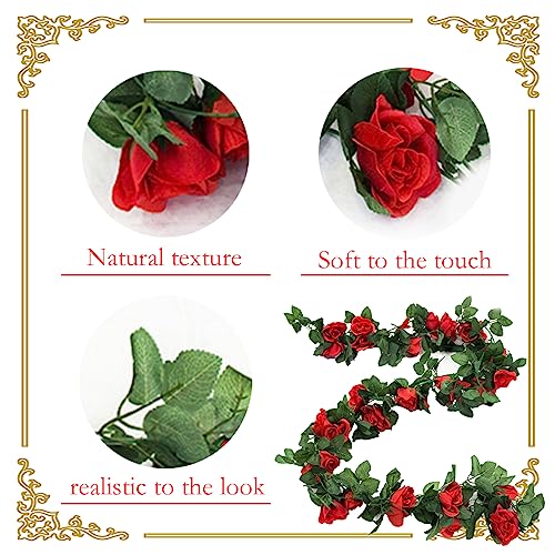 4 Pack Artificial Rose Vine Garland Fake Roses Flowers Plants Vines Hanging Floral Leaves Decoration for Wedding Party Table Garden Arch Wall Home Room Decor(Red) - color: Red, size: 【4 Pcs】