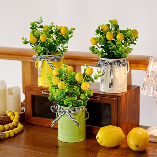 3 Pack Spring Lemon Decor for Kitchen, Artificial Lemons Branches with Colorful Metal Pots, Spring Summer Farmhouse Greenery Decoration for Home Kitchen Living Room - color: Lemons Branches + Pots