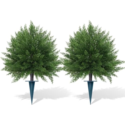 Grooy Artificial CedarTopiary Bushes for Outdoors with Spike, Set of 2 Cypress Topiary Trees with UV Resistant, Outdoors Fake Shrubs Faux Plants for Front Porch Indoor Outdoor Decor - color: Cedar Tree