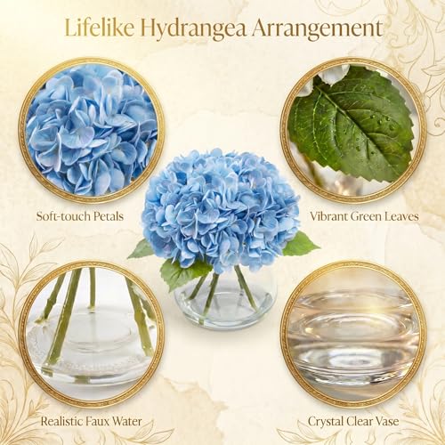 Hydrangea Artificial Flowers with Vase, Real Touch Latex Fake Hydrangeas Spring Stem Leaves Bouquet with Faux Water, Realistic Faux Flower for Home Office Bedroom Table Centerpiece Decor Blue - color: Blue