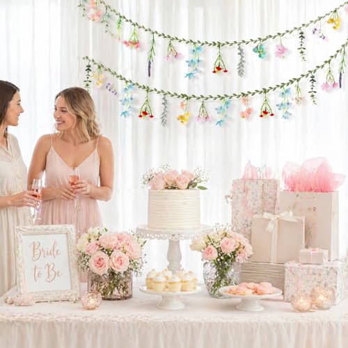 2 PCS 6.5 Ft Artificial Flower Banner Spring Wildflower Garland Hanging Flowers for Decoration Floral Backdrop for Bridal Shower Home - color: Green