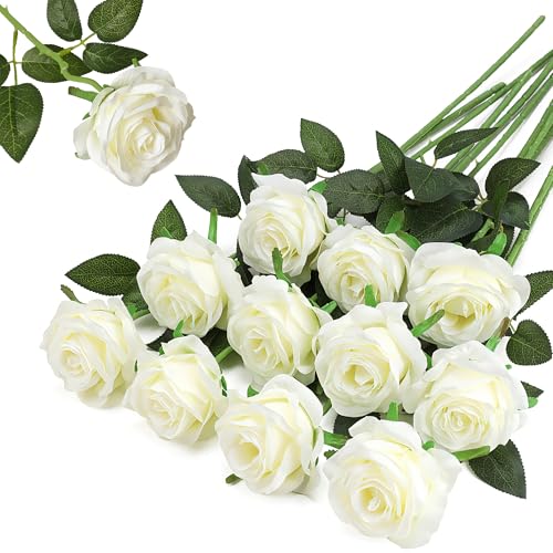 White Fake Roses Artificial Flowers - 10 Pcs Fake Artificial Roses Silk Flowers with Stems for Home Wedding Hotel Office Centerpiece Decor - color: White, size: 10 Pcs