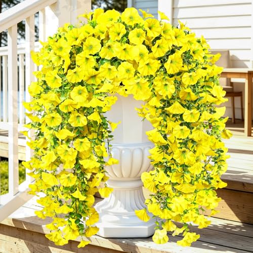 Artificial Hanging Flowers for Outdoor, 4Pcs UV Resistant Faux Morning Glory Flower Spring Summer Decroation, No Fade Fake Flower Trailing Vine for Porch Patio Balcony Yard Garden (Yellow) - color: Yellow