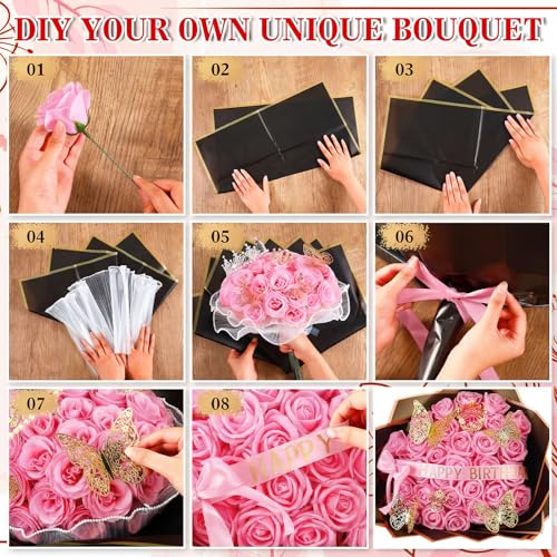 Thiccywoov 36 Pcs Glitter Roses Bouquet Graduation Artificial Rose DIY Flower Bouquet Kit Flower Wrapping Paper 3D Butterflies Crowns for Mom Mother Teacher Birthday (Pink-A) - color: Pink-a