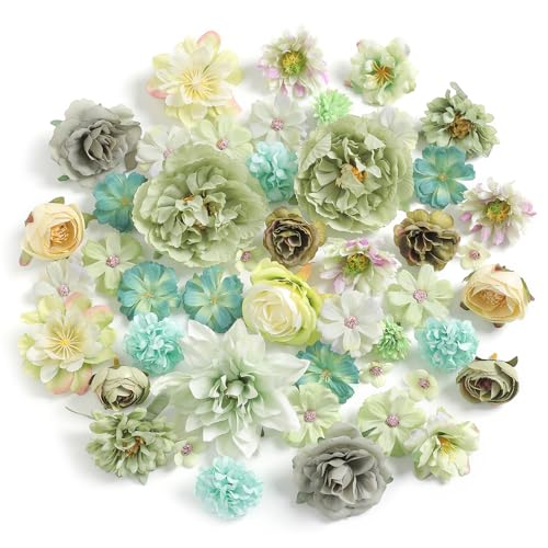Artificial Flowers Heads Combo Green Flowers Mix Silk Flowers Heads Bulk Faux Rose for Craft Garland Graduation Cap Wedding Bridal Baby Shower Home Party Decoration DIY Cake Decor - color: Green
