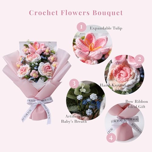 Crochet Flower Bouquet, Handmade Knitted Rose Faux Crochet Flowers for Home Decor Valentine’s Day Anniversary Weddings Birthdays Mother’s Day, Includes Gift Bag and Greeting Card (Rose) - color: Light Pink
