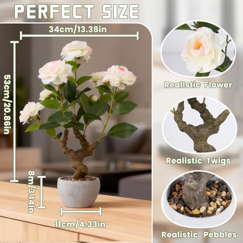 TOARTi Artificial Camellia Potted Plant with Stone Pot, 20" Tall Fake Potted Flowers Faux Desk Plant, Realistic Decorative Plants Indoor Decor for for Home Bedroom Bathroom Office Desk - color: Camellia-single Stems