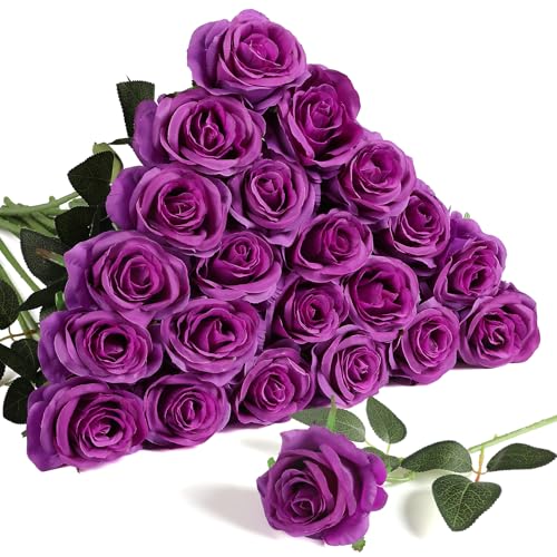 Nubry 24pcs Artificial Purple Roses, Fake Silk Roses Flower with Long Stems, Realistic Flowers for Bridal Wedding Party Table Centerpiece Home Decor - color: Purple
