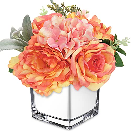 GnFlus Artificial Flowers in Vase Fake Silk Hydrangea Rose Flower Arrangement Faux Potted Flowers for Indoor Home Bathroom Office Table Shelf Decor, Orange - color: Orange, size: 3-in-1