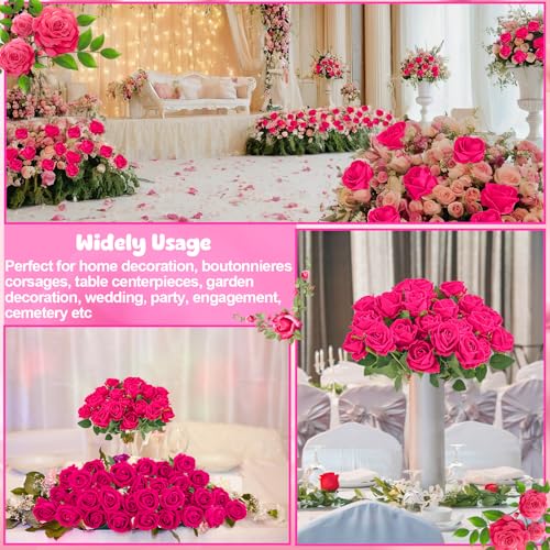 36 Pcs Hot Pink Artificial Roses with Long Stems, Fake Silk Rose Artificial Flowers Bulk for Bridal Wedding Bouquet Centerpiece Ball Arrangement Party Decor - color: Hot Pink