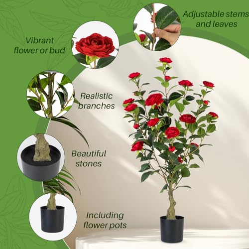 Artificial Camellia Tree 2 Pack, 3FT Faux Camellia Plant in Pot, 36 inch Fake Potted Camellia Flower Tree Plastic Camellia Tree for Modern Home Office Christmas Living Room Floor Decor Indoor, Red - style: C-Camellias (36 inch-Red)