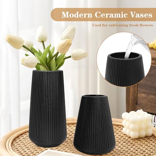 Black Ceramic Vase, GUKJOB Small Cute Flower Vase for Pampas Grass, Home, Living Room, Dining Table, Farmhouse, Office Decor, Bedroom, Table, and Kitchen Shelf (Black - 2Pcs) - color: Small Black - 2pcs