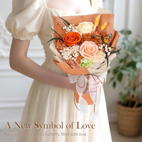 Preserved Flowers Bouquet with Butterfly - 3 Roses & Flowers for Delivery, Long-Lasting Real Roses Forever, Mothers Day Gifts for Mom Grandma Wife, Anniversary Birthday Gifts for Women - color: Orange