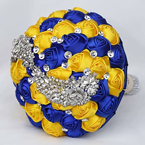 XINNI Handmade Bridal Wedding Bouquet Bride Bridesmaid Satin Rose Flower Bouquet with Meteor Shower Shape Rhinestone Wedding Decoration (Gold+RoyalBlue) - color: Gold+royalblue