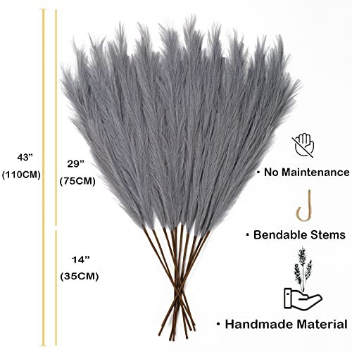 Faux Pampas Grass 6 Stems, Artificial Pampas Grass - 43''/3.6FT Total Extra Large Pompass Grass Tall Pompous Boho Flower Arrangement and Floor Vase Filler Home Decor for Room Wedding Party (Grey) - color: Grey