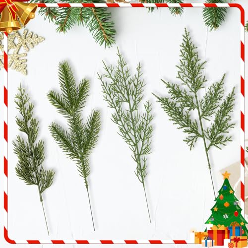 40 Pcs Artificial Pine Branches Assorted Faux Pine Stems Cedar Leaves Needle Sprigs Plastic Fake Christmas Greenery Pine Picks for Xmas Tree Wreaths Garlands DIY Accessories Home Decor (40, Green)