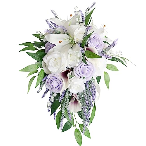 Emivery Bridal Bouquets for Wedding, Artificial Lavender Calla Lily Cascading Wedding Bouquet Real Touch Flowers for Wedding Ceremony Bridal Shower Home Decor