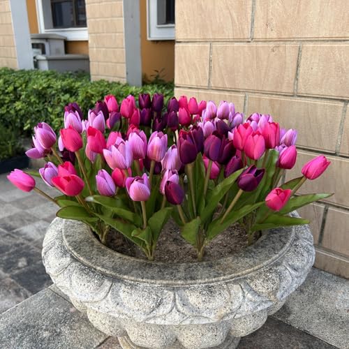 Artificial Fake Flowers for Spring Summer Outdoor Decoration,6 Bundles Realistic UV Resistant Silk Fabric Colorful Tulip Faux Plants for Outside Planter Home Porch Patio Decor(Pink Purple) - color: Pink Purple Dark Purple