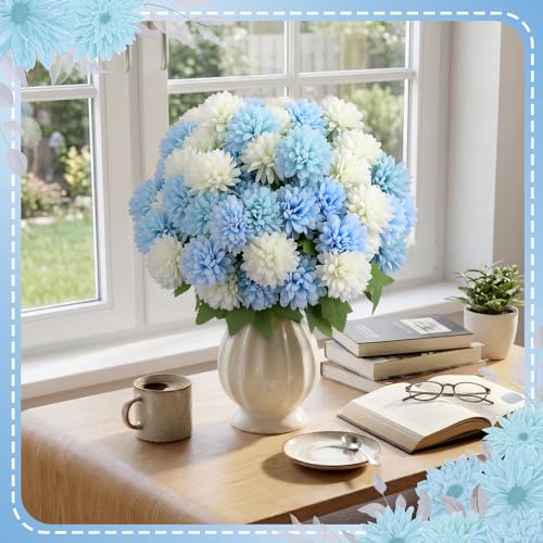 XunYee 12 Pcs Blue Artificial Flowers for Outdoor Decorations Spring Faux Chrysanthemums Mums Blue White Fake Flowers for Outside Garden Porch Window Patio Vase Table Wedding Home Decor - color: Blue
