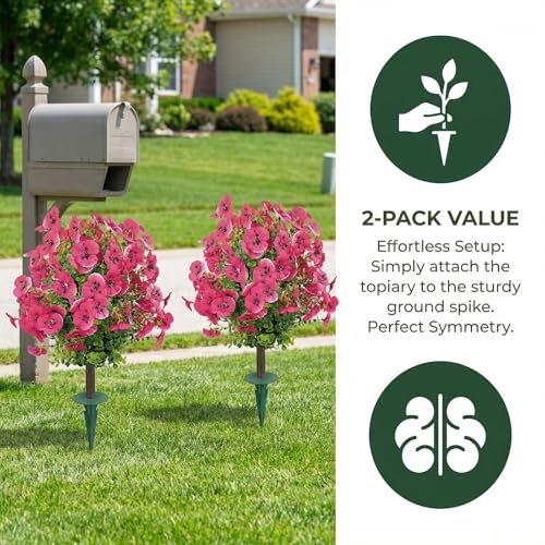 Outdoor Artificial Simulated Trees 2-Piece Set, UV-Resistant Simulated Boxwood Fake Shrubs with Ground Stakes for Outdoor Porch & Garden Decoration (Phalaenopsis Rose Red) - color: Phalaenopsis Rose Red