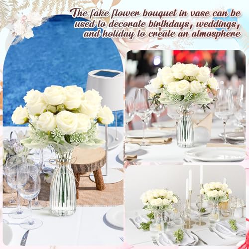 Zeyune 36 Pack Artificial Flowers Centerpiece with Vase Bulk for Wedding Table 24 Bundles Silk Floral Faux Rose Bouquet with 12 Plastic Vase for Bridal Shower Table Decor(White) - color: White