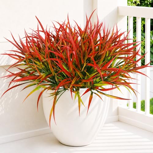 Uieke 12 Bundles Artificial Outdoor Plants UV Resistant Fake Grass Plants Faux Plastic Plants Greenery Shrubs for Home Garden Pathway Window Box Front Porch Cemetery Fall Decor, Autumn Red - color: Red, size: 12