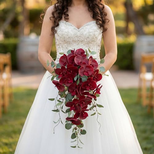 IPOPU Red Orchid Artificial Flowers 35.4" Real Touch Fake Orchid Latex Dark Red Flowers Phalaenopsis Branches for Home Party Wedding Bridal Shower Decoration, 2pcs Red - color: Red