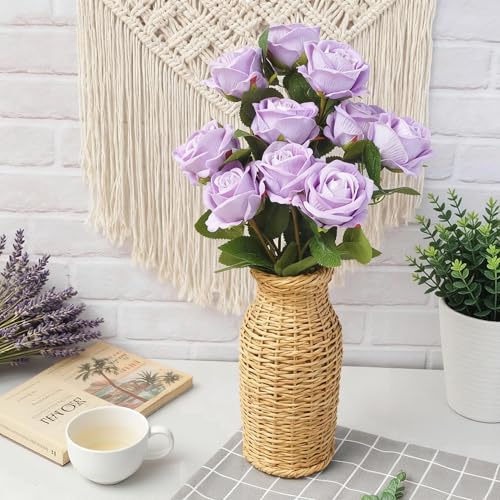 Kenpal Realistic Fake Roses Artificial Flowers with Stem for Decoration Floral Arrangement Centerpieces Wedding Bouquets (10, Lavender) - color: Lavender