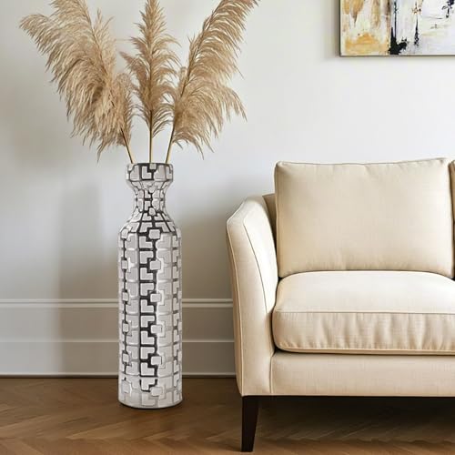 24.4 inch Tall Floor Vases Set of 2. White Vase with Silver Geometric Patterns, Ceramics Modern Flower Vases for Living Room, Entryway, Indoor/Outdoor Decor, Large Vase for Home Decor - color: White With Silver Set of 2