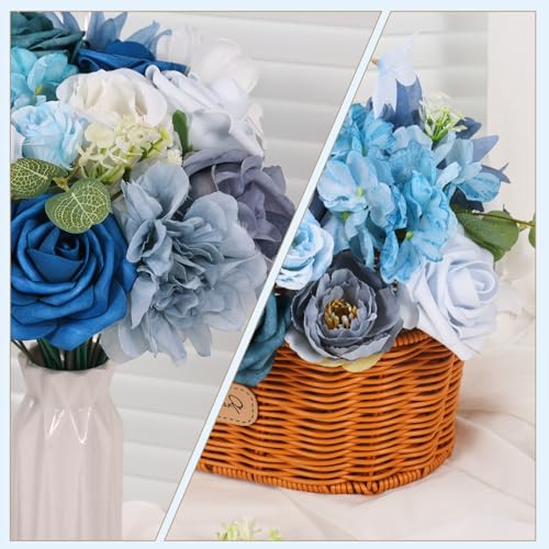 Artificial Flowers Combo Box Blue Dusty Blue Artificial Flowers for DIY Tables Centerpieces Baby Shower Bridal Shower Wedding Bouquet Arrangements Decor - color: Deep Blue