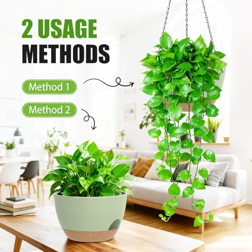 8 Inch Hanging Planters for Indoor Outdoor Plants, 4 Pack Green Brown Plastic Self Watering Hanging Baskets with Drainage Holes and Chain for Garden Porch - color: Green Brown
