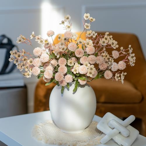 HyeFlora Faux Silk Pompon Mums Artificial Flowers for Vase Kiku Stems & Eucalyptus Floral Arrangement Dried Flowers Vintage Decorative Aesthetic for Home Vase Decor - color: 14pcs-beige Wax&kiku