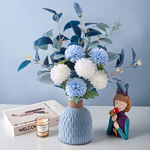 MOOMASS Artificial Flowers with vases, Fake Hydrangea with Eucalyptus Bouquet Combination, Living Room Family Banquet Party Wedding Decoration… - color: Blue