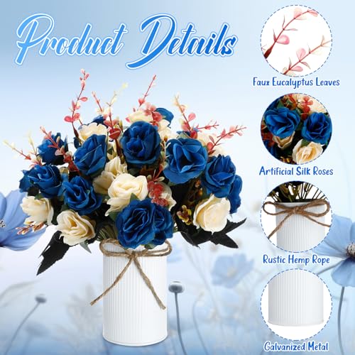 Domensi 6 Sets Wedding Centerpiece for Table Artificial Rose with Vase Fake Bouquets and Metal Pot Flower Arrangements for Bridal Shower Birthday Party Event Table Decor (Dark Blue) - color: Dark Blue
