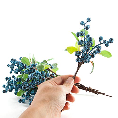 SHACOS Artificial Blue Berry Stems Pack of 20 Fake Blue Berries with Green Leaves 9.8 inch Fake Blueberries Picks for Spring Floral Bouquet Decorations Crafts Holiday Home Vase Decor Blueberry - color: Blue, size: 20 PCS