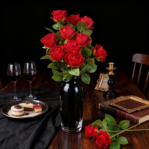 Kenpal Realistic Fake Roses Artificial Flowers with Stem for Decoration Floral Arrangement Centerpieces Wedding Bouquets (10, Red) - color: Red