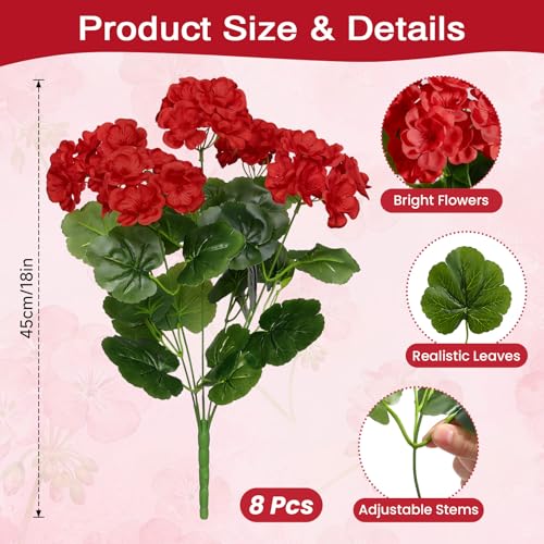 Alupssuc 8Pcs Artificial Geranium Flowers for Outdoors Decoration Silk Floral, UV Resistant Fake Plants, Faux Flower for Porch Garden Table Centerpieces Home Indoor Outside Spring Decor(8, Red) - color: Red