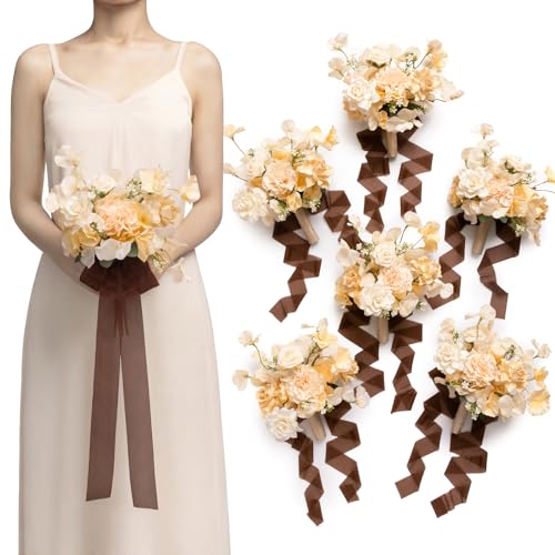Ling's moment Artificial Cream Bridesmaid Bouquets Set of 6,Yellow Wedding Flower Bouquets Brown Floral Bouquet Bridal Bouquets with Ribbon Ceremony Anniversary,7-inch Diameter - color: Brn-soft Peach & Brown