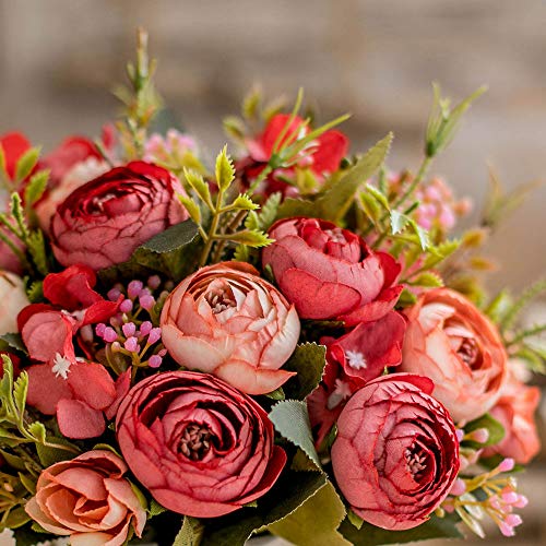 TKAS Artificial Flowers Fake Flowers Silk Rose Bouquets Decoration with Ceramics Vase for Table Home Office Wedding (Red Bud) - color: Red Bud
