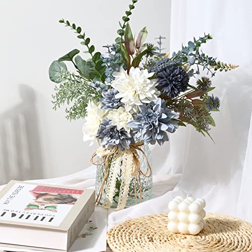 CEWOR Fake Flowers in Vase, Artificial Flowers Arrangement in Vase, Fake Floral Table Centerpieces Decor for Kitchen Farmhouse Coffee Table Living Room Bathroom Plant Decor - color: Blue White