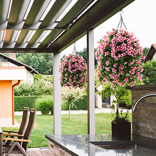INQCMY Artificial Hanging Flowers in Basket for Spring Summer Patio Garden Decoration,UV Resistant Fake Silk Violet in Planter Realistic for Outside Home Porch Balcony Yard Decor(Pink) - color: Pink