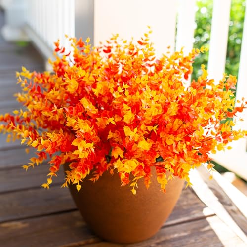 Artificial Fake Fall Autumn Eucalyptus Plants Flowers for Outdoor Outside Decoration, Faux Silk Orange Boxwood Look Real UV Resistant for Home Porch Patio Planter Decor，12 Bundles - color: Orange Eucalyptus