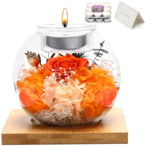 Flowers for Delivery, Preserved Flower in Glass Dome with Scented Candle, Long Lasting Rose Gifts for Women Wife Girlfriend on Christmas Mothers Day Valentines Day Birthday (Orange) - color: Orange