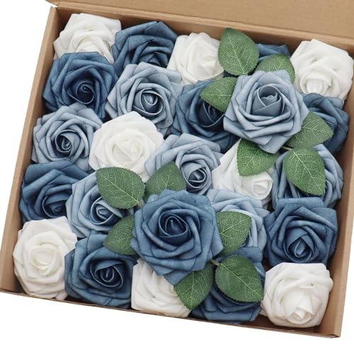Artificial Flowers 50PCS Real Looking White & Dusty Blue Shades Fake Roses with Stem for DIY Wedding Bouquets Centerpieces Baby Shower Party Home Decoration - color: White & Dusty Blue Shades, size: 3"/50pcs