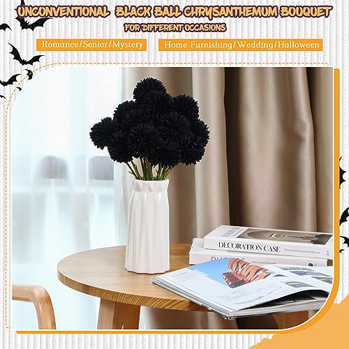 Xunyee 30 Pcs Halloween Artificial Black Flowers with Stems 2.76'' Large Black Faux Flowers Plants Faux Silk Chrysanthemum Ball Hydrangea Arrangements for Wedding Bouquet Floral Centerpiece Decoration