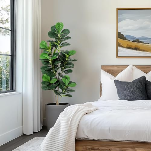 IDEALHOUSE 5FT Artificial Fiddle Leaf Fig Tree, Fake Fiddle Leaf Fig Plant with Realistic Leaves, Potted Faux Tree for Indoor Home Office Living Room Decor, 60 Inch - size: 5ft